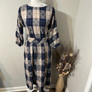Vtg Lanz Originals Plaid Beige Blue Cottagecore Midi Dress Back Buttons Sz 12